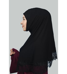 İkili Set Dantelli Pratik Eşarp Hazır Hijab ve Tesettür Bonesi XL (Siyah)