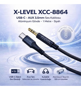 X-LEVEL XCC-8864 USB-C to Aux 3.5mm Ses Kablosu Aliminyum 1 Metre Siyah