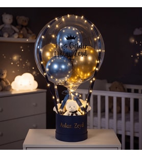 Kişiye Özel Led Işıklı, Lacivert Kutulu, Gold ve Mavi Balonlu Peluş Ayıcıklı Tasarım - Erkek Bebek Hediyesi