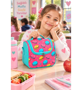 Makaron Kalp Temalı Termal Isı Yalıtımlı Beslenme Çantası Çocuklar İçin Yeşil Pembe 24x22x14 cm