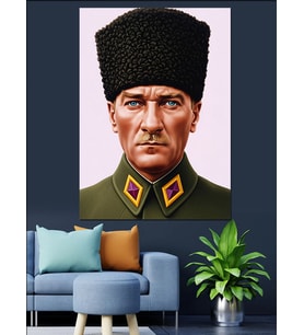 Atatürk Kalpaklı Askeri Portre Dekoratif Kanvas - Mdf Ahşap Tablo