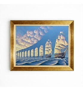Tablore Sürrealist Gemi Ve Bulut Köprüsü Rob Gonsalves Tarzı Altın Çerçeveli Tablo