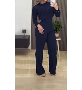 Kadın Uzun Kollu Yuvarlak Yaka Transparan Detaylı Triko Bluz Ve Pantolon Ikili Takım