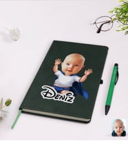 BK Gift Kişiye Özel Bebek Karikatürlü Yeşil Termo Deri Defter Kalem Seti Model 3