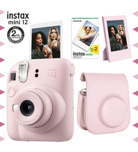 Instax mini 12 Pembe Fotoğraf Makinesi-20'li Film-Çerçeve ve Deri Kılıf Seti