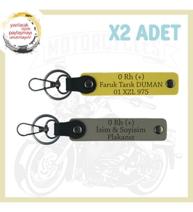 Kül Gri-Sarı, Motorsikletçilere, İsim Plaka ve 0 Rh (+) Kan Grubu Yazılı Kişiye Özel 2'li Anahtarlık (Çok Renkli)