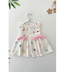 Miniğimin Cicileri Müslin Renkli Kalp Baskılı Fiyonklu Kız Bebe Elbise - Pembe