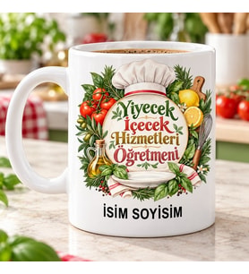 Kişiye Özel Yiyecek İçecek Hizmetleri Öğretmeni Aşçı Şapkası ve Sebze Desenli Kupa Bardak