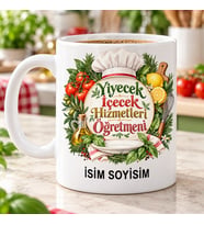 Kişiye Özel Yiyecek İçecek Hizmetleri Öğretmeni Aşçı Şapkası ve Sebze Desenli Kupa Bardak