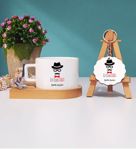 Baba Ahşap Altlıklı Fincan ve Anahtarlık Hediye Seti