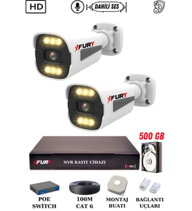 FURY 2 Kameralı Ip Güvenlik Kamerası Seti Sesli 4mp Gece Renkli Su Geçirmez 1506s 500GB