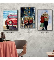 tranway yaşlı çift vosvos araba tablosu 3 adet 35cmx50cm kumaş baskılı canvas tablo