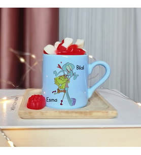 Sünger Bob & Squidward Tasarımlı Kişiye Özel Mavi Türk Kahvesi Fincan