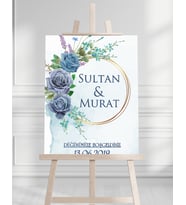 Söz Nişan Düğün İçin 50x70 Karşılama Panosu - Mavi Gül Desenli 002