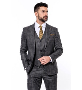 Kendinden Desenli Yelekli Slim Fit Siyah Takım Elbise - Wessi