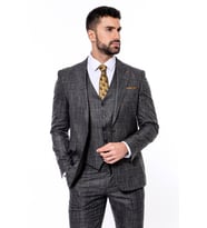 Kendinden Desenli Yelekli Slim Fit Siyah Takım Elbise - Wessi