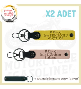 Motorcu Dostlara, İsim Plaka ve B Rh (+) Kan Grubu Yazılı 2'li AnahtarlıkSet, Yavruağzı-Sarı-Laci