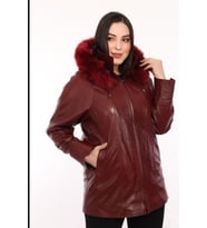 Hakiki Deri Bordo Yaka Kürklü Kadın Ceket
