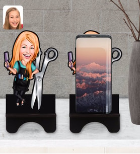 BK Gift Kişiye Özel Kadın Kuaför Karikatürlü Ahşap Biblo Telefon Standı-1
