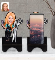 BK Gift Kişiye Özel Kadın Kuaför Karikatürlü Ahşap Biblo Telefon Standı-1