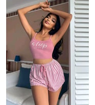 Kadın pembe çizgili desen Askılı Şortlu Pijama Takım 5002