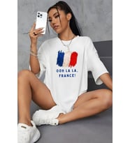 Fransa Bayrak Baskılı Unisex Pamuklu Oversize Tişört (Beyaz)