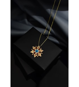 925 Ayar Gümüş Gold Kaplama Tasarım Cam Gözlü Kamelya Çiçeği Kolye