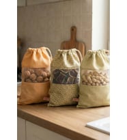 3 Adet Bakliyat Kesesi Büyük Boy 24x34 cm Erzak Kuru Gıda Saklama Kabı Torbası Fileli Bez Bohem-Set