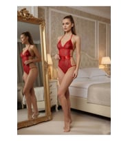 #Babydoll Sistina 845 Serisi Lame Detaylı Kaliteli Estetik Esnek Kırmızı Dantelli Fantezi Bodysuit