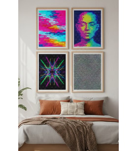 Neon Dijital Sanat Dekoratif 4’lü Ahşap Çerçeveli Tablo Seti - Yatak Odası Dekor