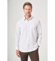 Beyaz-Bej Sert Yaka Uzun Kol Cepli Comfort Fit Pamuklu Gömlek 1004260222