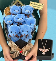 Kişiye Özel Büyük Boy 7'li Peluş Ayıcık Buketi ve Zümrüdü Anka Kuşu Kolyesi (Model 5)