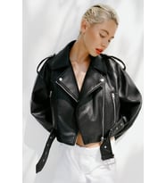 Kemerli Suni Deri Crop Biker Ceket
