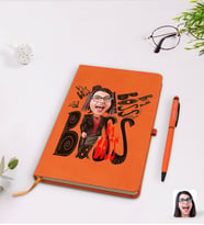 BK Gift Kişiye Özel Kadın Big Boss Karikatürlü Turuncu Termo Deri Defter Kalem Seti Model 3