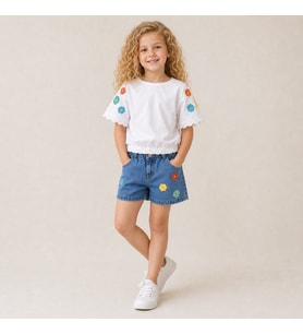 Kız Çocuk Çiçek Nakışlı Oversize Tişört ve Kot Şort Takım - BEYAZ / 2-3 YAŞ