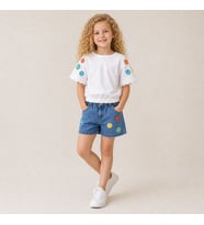 Kız Çocuk Çiçek Nakışlı Oversize Tişört ve Kot Şort Takım - BEYAZ / 2-3 YAŞ