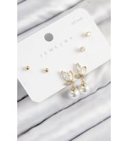 Pirinç Zirkon Taşlı İnci Sallantılı Damla Model Gold Renk 925 Ayar Gümüş Çivi Kadın Küpe Set (Altın)