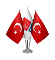 Masa Üstü CHP Bayrağı Türk Bayrağı Üçlü Krom Direk Masa Bayrak Seti