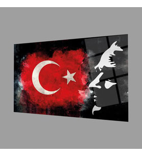 Atatürk Bayrak Atatürk Silüetli Gölgeli Siyah Fonlu Cam Tablo 4mm Dayanıklı Temperli Cam Atatürk Flag Atatürk Silhouette Shadowless Black Background Glass Wall Art