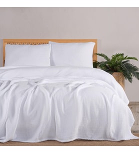 Çift Kişilik, Şık Düz Renk %100 Pamuk 4 Kat Muslin Yastık Kılıflı Pike Takımı, Denizli Üretimi (Beyaz, Çift Kişilik Set (230x250 cm))