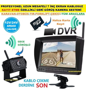 Her Türlü Araç İçin Profesyonel 7 İNÇ Ekran Kablosuz Kamera Ssistemi (12V/24V - Hafıza Karta Kayıt)