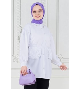 Önü Gül Detaylı Tunik-Beyaz