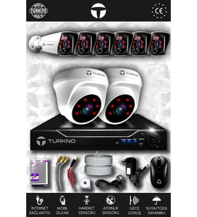 TURKNO 8 Kameralı Karia 2 İç Kamera Set HDD'siz Full HD Gece Görüşlü Güvenlik Kamerası Sistemi