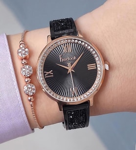 Freelook Bileziği Taşlı Siyah/Rose Gold Kadın Kol Saati + Zirkon Taşlı Bileklik