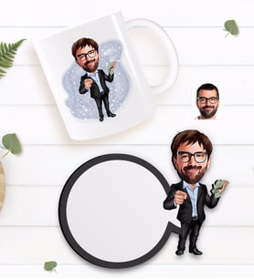 BK Gift Kişiye Özel Erkek Milyoner Karikatürlü Beyaz Kupa ve Ahşap Bardak Altlığı Hediye Seti-1