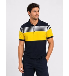 Erkek Pike Kumaş Çizgili Polo Yaka Tişört Kısa Kol Yazlık T-Shirt - Lacivert