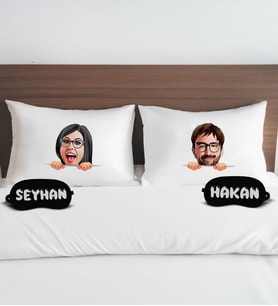 BK Gift Kişiye Özel Karikatürlü Pamuklu Yastık Kılıfı ve Göz Bandı Çift Uyku Seti-3, Tasarım Ev Tekstili, Uyku Bandı, Ev Hediyesi