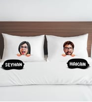 BK Gift Kişiye Özel Karikatürlü Pamuklu Yastık Kılıfı ve Göz Bandı Çift Uyku Seti-3, Tasarım Ev Tekstili, Uyku Bandı, Ev Hediyesi