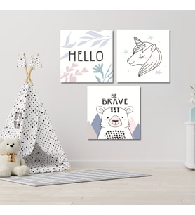 3'lü Kare Kanvas Çocuk Odası Soft Unicorn ve Ayı Tablo Seti