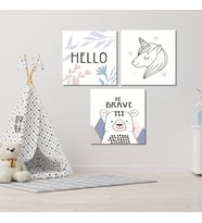 3'lü Kare Kanvas Çocuk Odası Soft Unicorn ve Ayı Tablo Seti